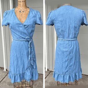 Gap Light Denim Chambray Ruffle Edge Light Wash Denim Wrap Dress - M